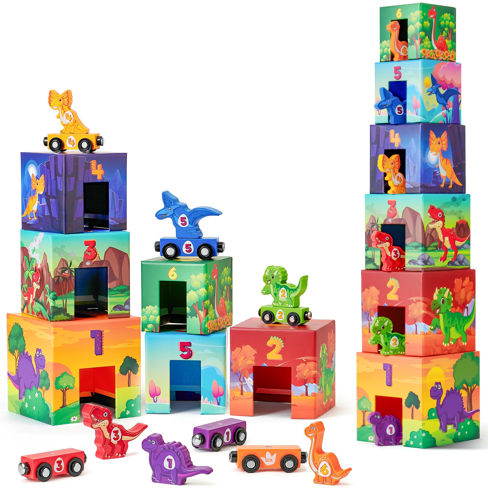 Atoylink toddler dinosaur sorting and stacking train set for imaginative play and early learning.