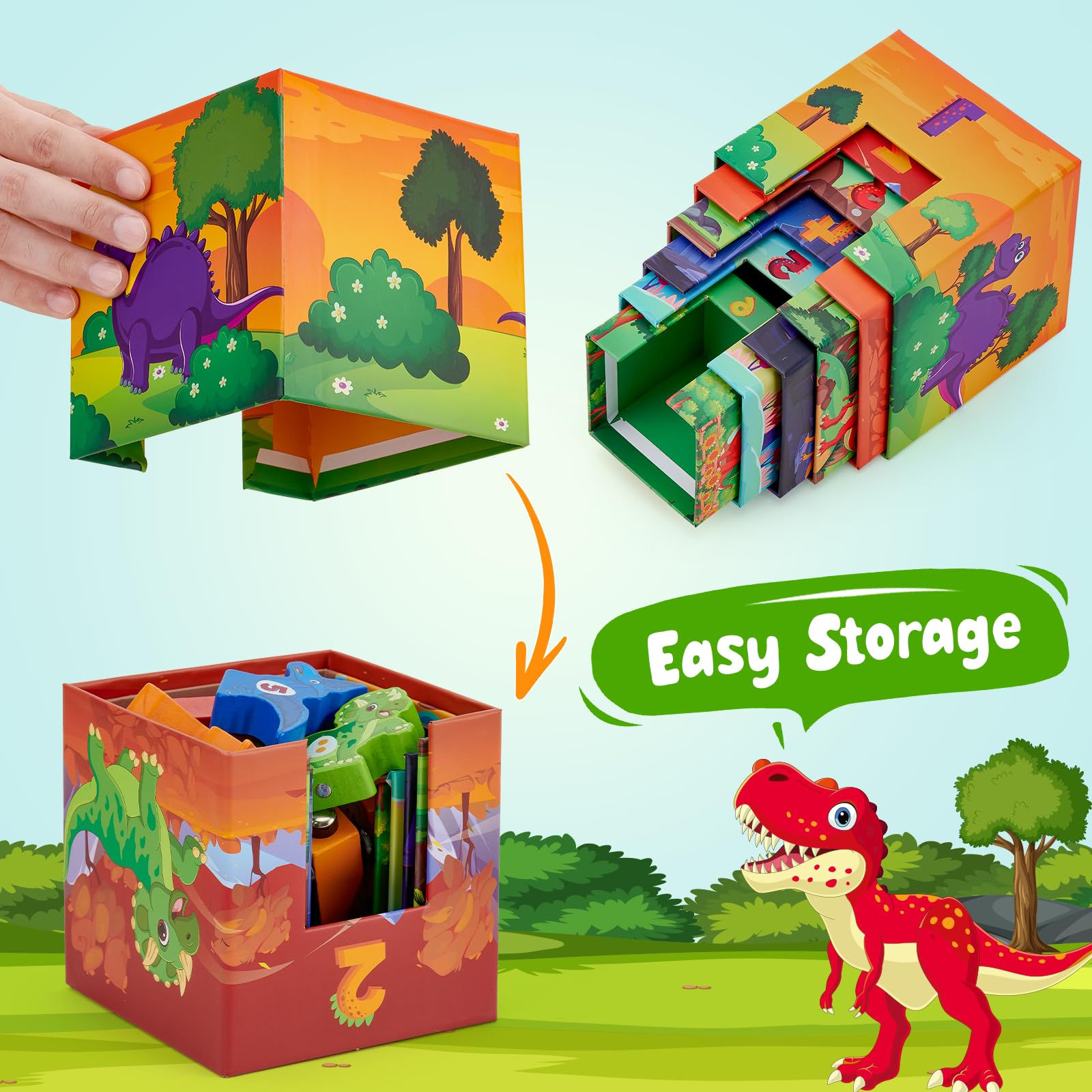 Atoylink wooden cars and dinosaurs connect with magnets for endless combinatory play.