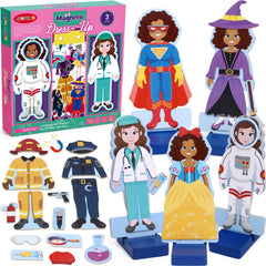Atoylink wooden magnetic dress up dolls on stands for easy display and imaginative play.