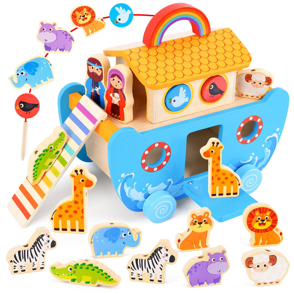 ATOYUS Noah's Ark wooden toy set with ark; sparks imaginative play for toddlers.