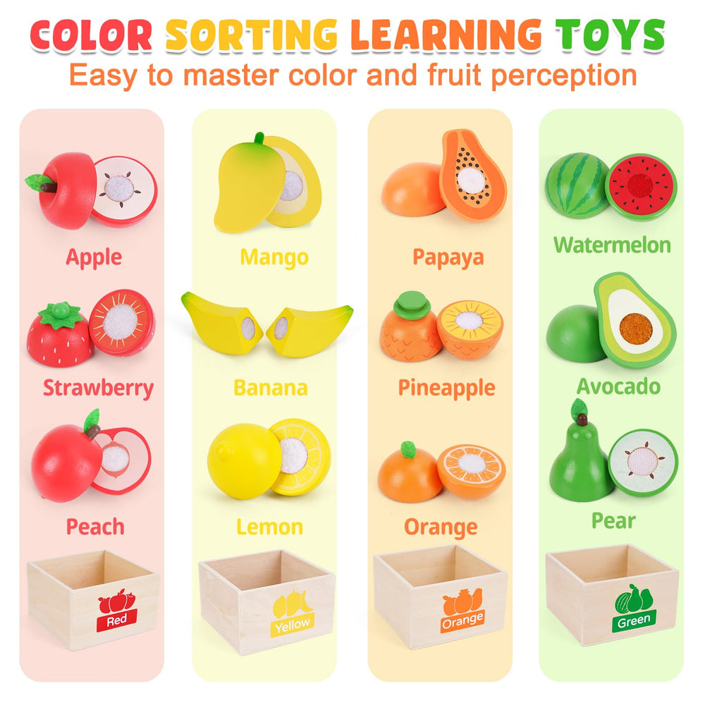 ATOYUS cutting fruit play with crunch sounds to boost fine motor skills during pretend cooking.