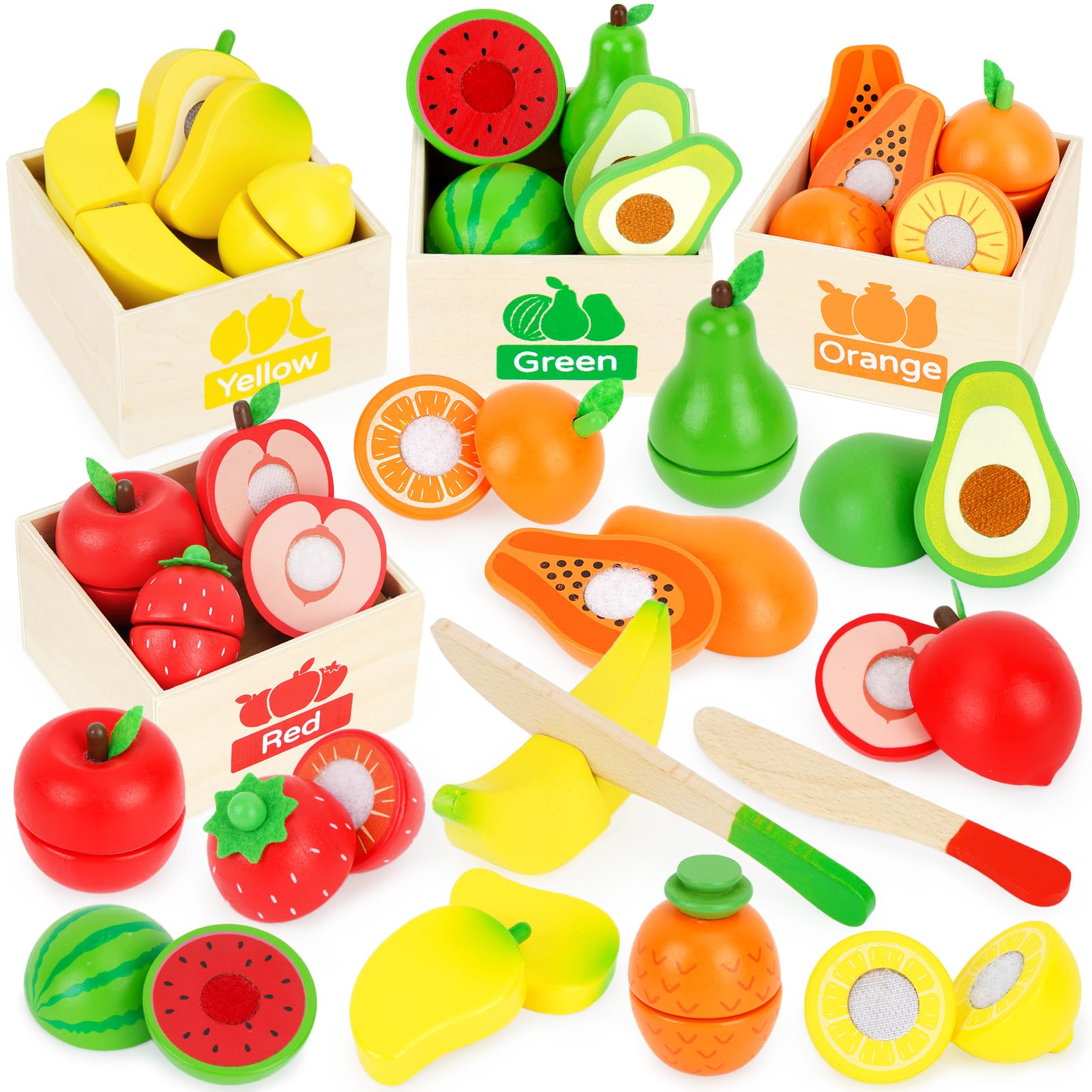 ATOYUS wooden play food set with colorful fruit for imaginative pretend play.