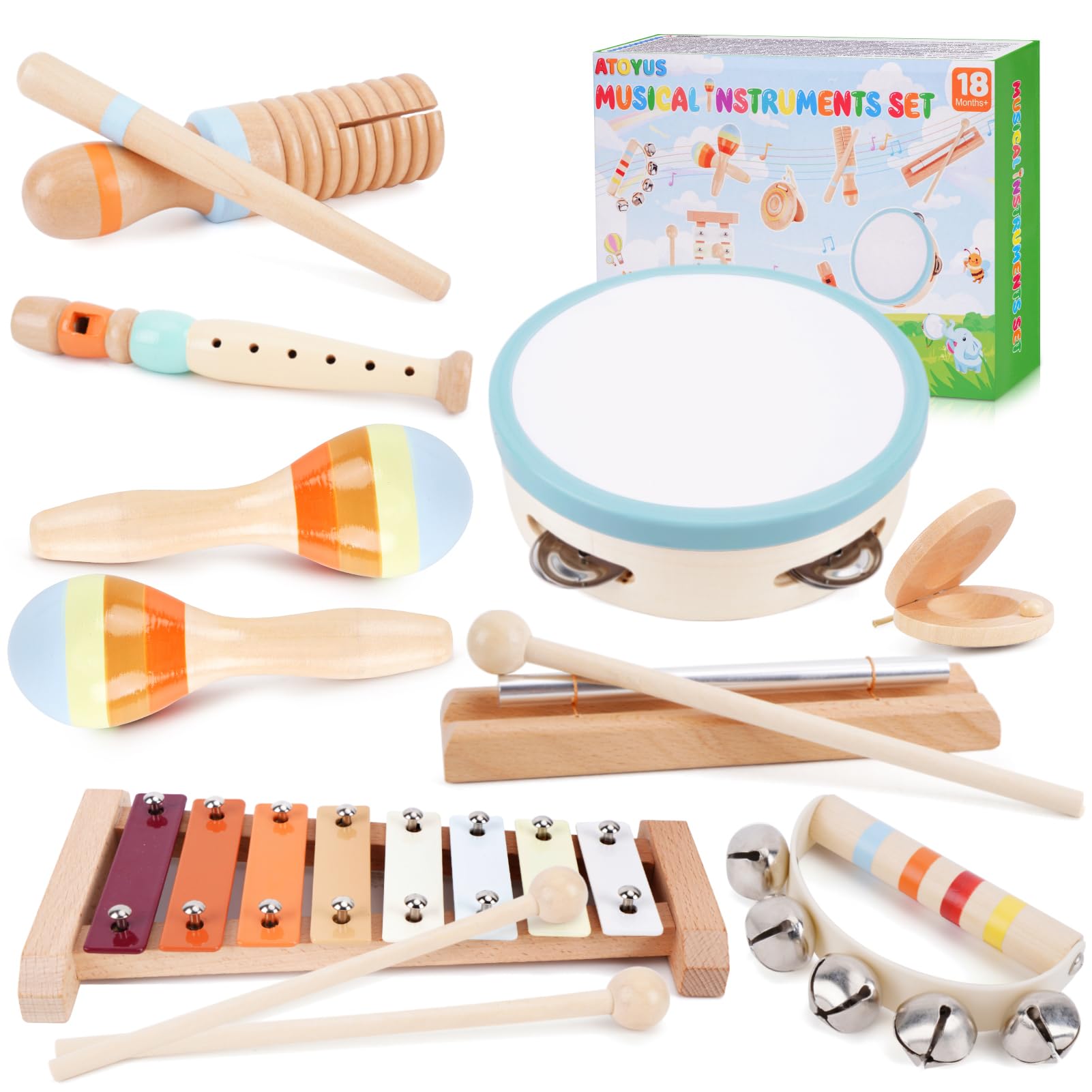 ATOYUS wooden toddler musical instruments set for creative play and early rhythm exploration.