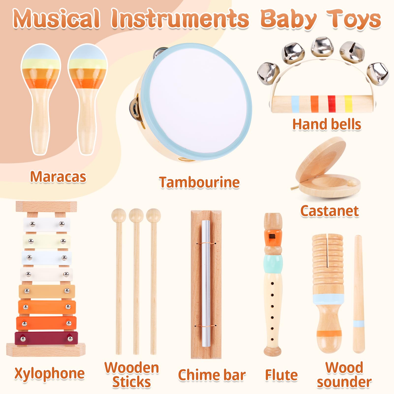 ATOYUS wooden xylophone with colorful bars promotes visual attention and fine motor skills.