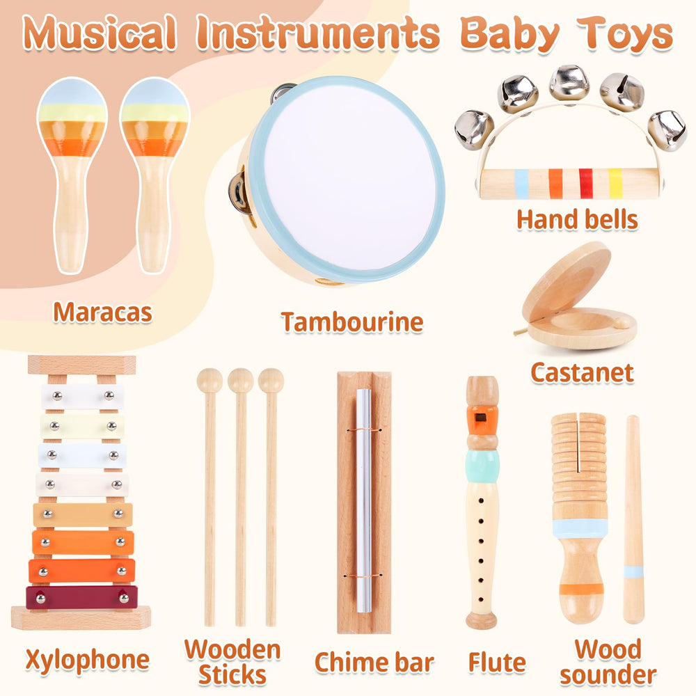 ATOYUS wooden xylophone with colorful bars promotes visual attention and fine motor skills.