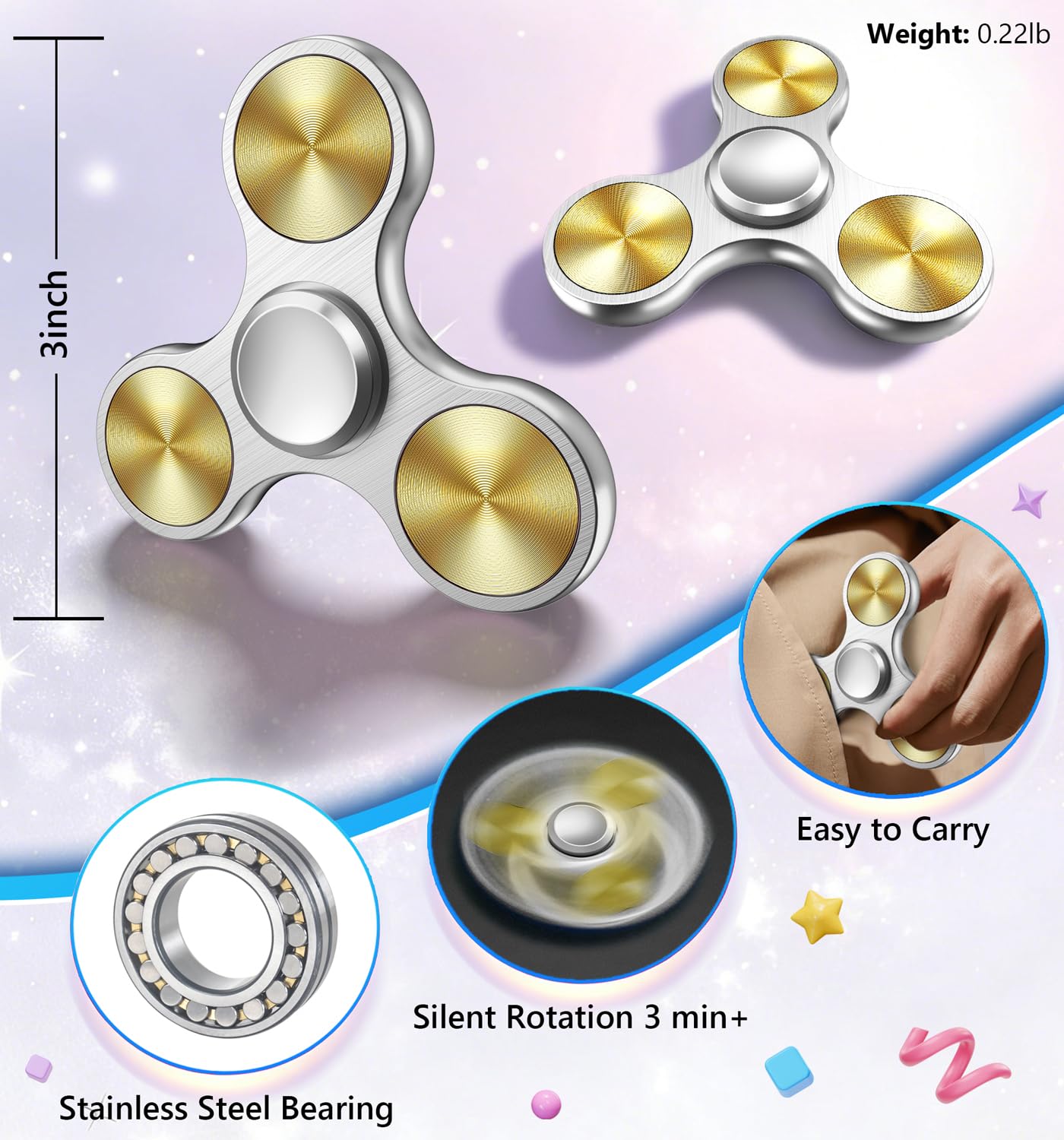 ATESSON fidget spinner, silver bearing closeup, shows durable stainless steel components.