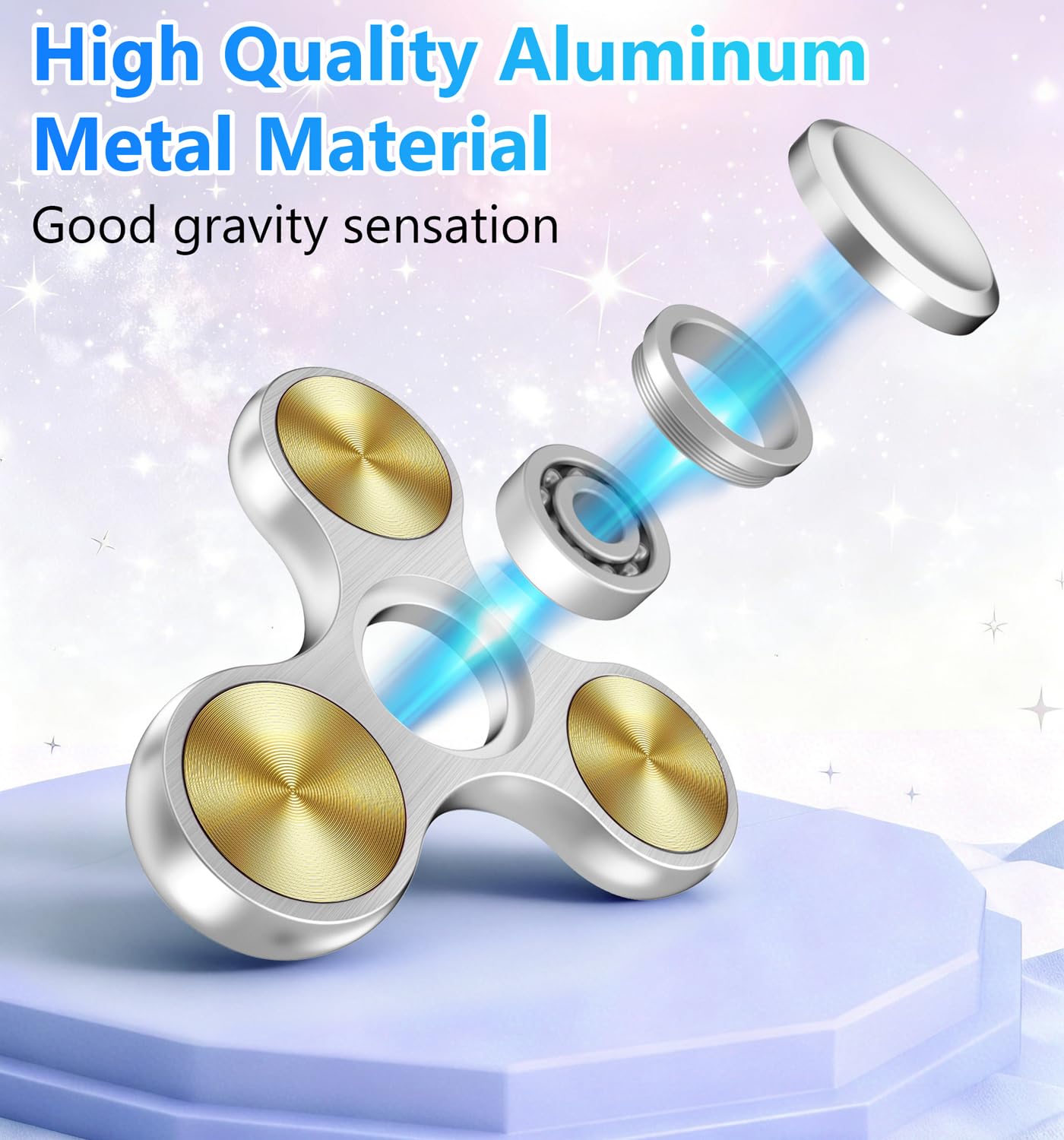ATESSON fidget spinner, silver side view, smooth, low-noise hand engagement.