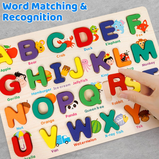 Attmu alphabet puzzle with wooden letter blocks supports early literacy and fine motor skills.