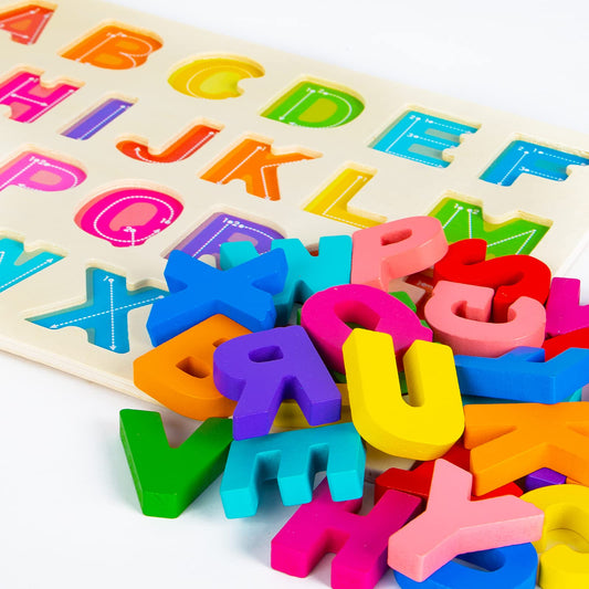 Attmu wooden letter pieces in bright colors stimulate recognition and fine motor
