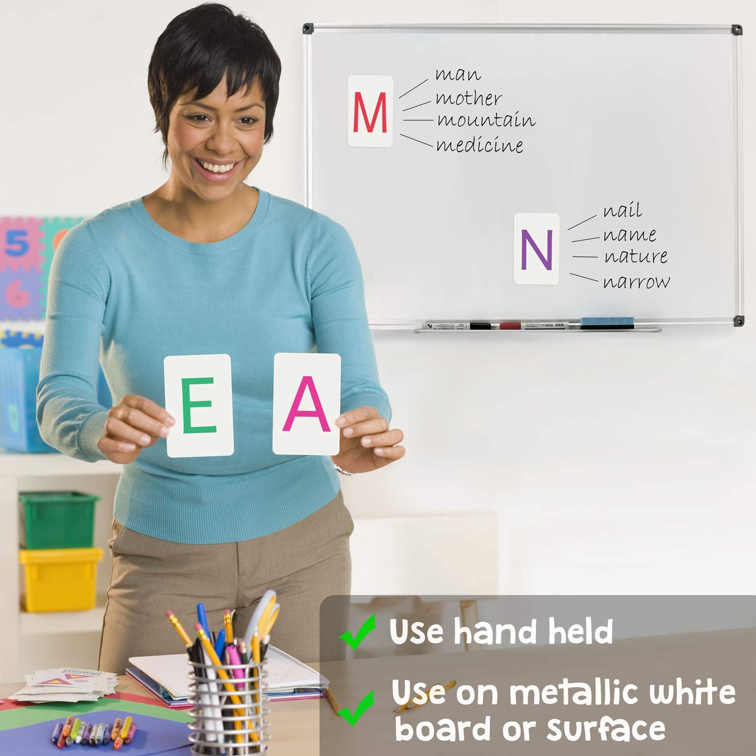 Attractivia ABC flash cards showing large magnetic letters for hands-on activities.
