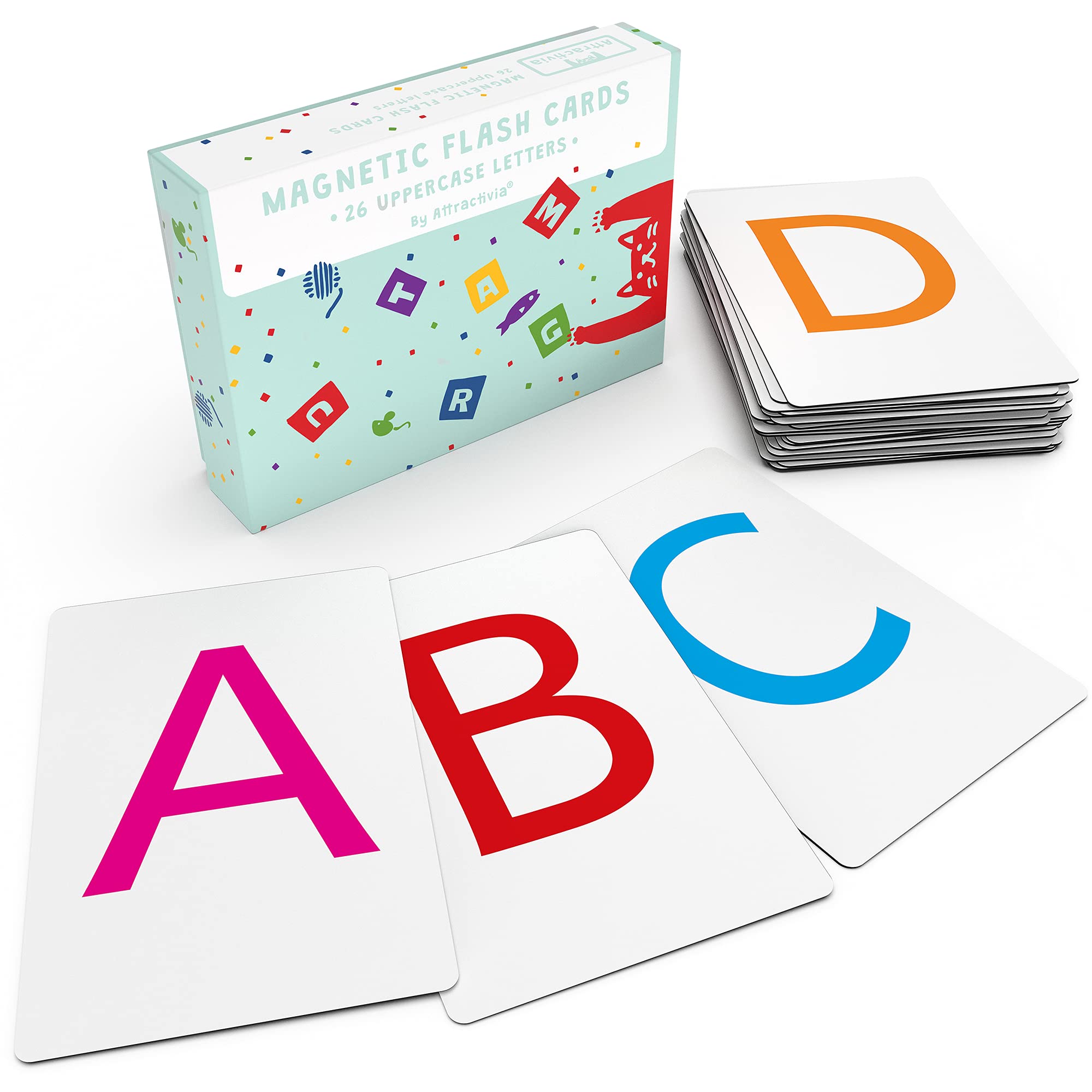 Attractivia alphabet flash cards with jumbo uppercase letters for classroom learning.