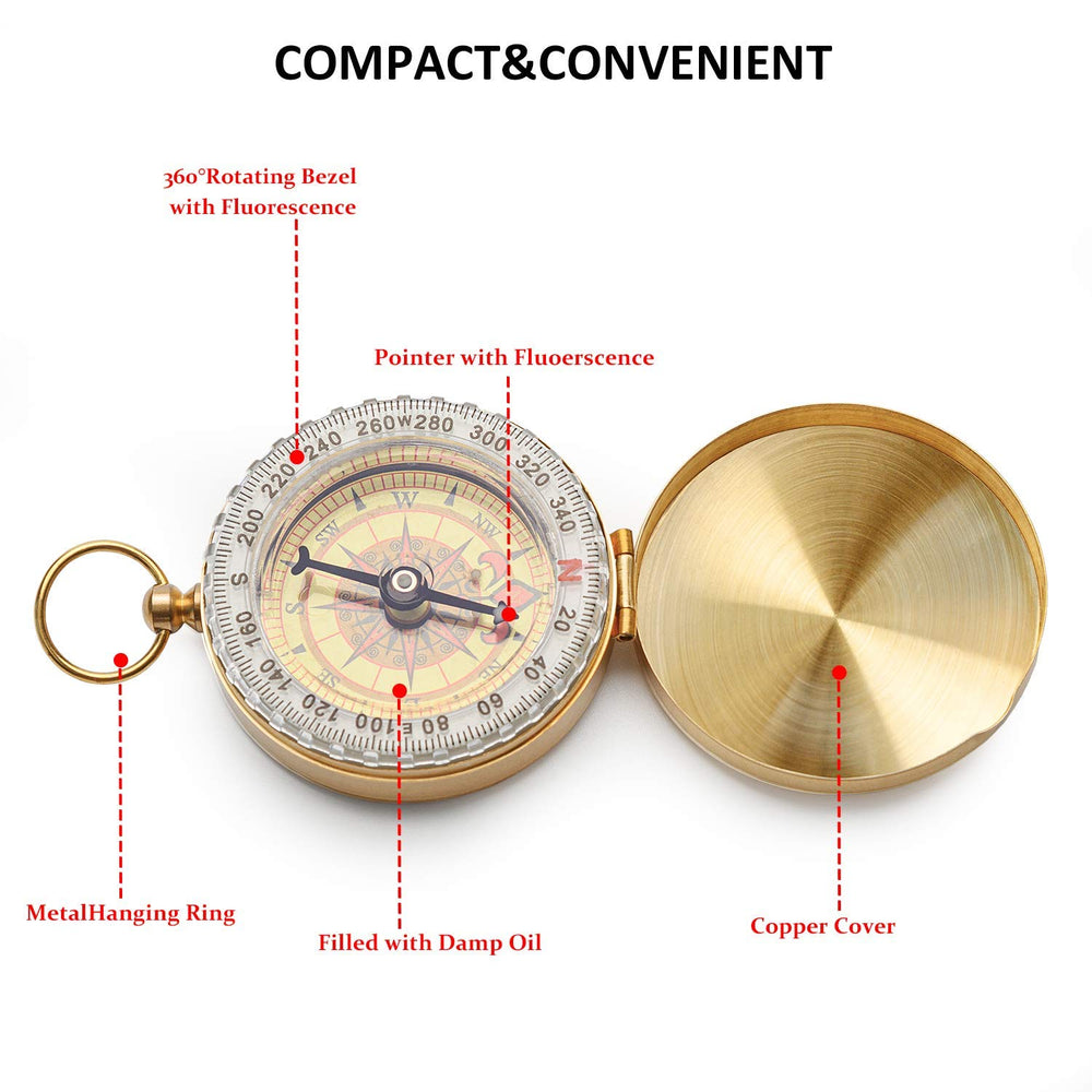 Aubric survival compass glows in the dark for night navigation.