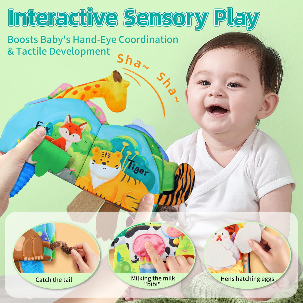Auby cloth book features tactile tails for grasping and fine motor practice.
