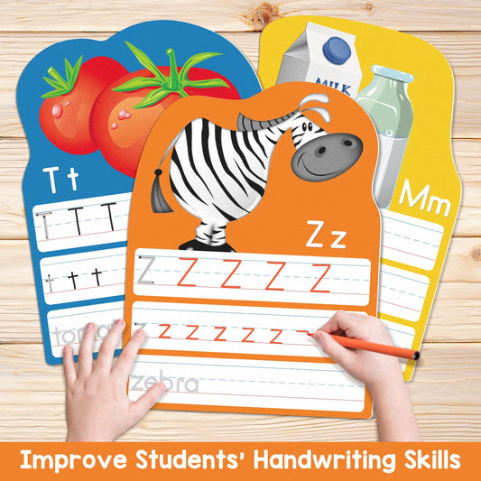 Auchq Alphabet Writing Cards back side illustrating reverse tracing for upper and lowercase letters
