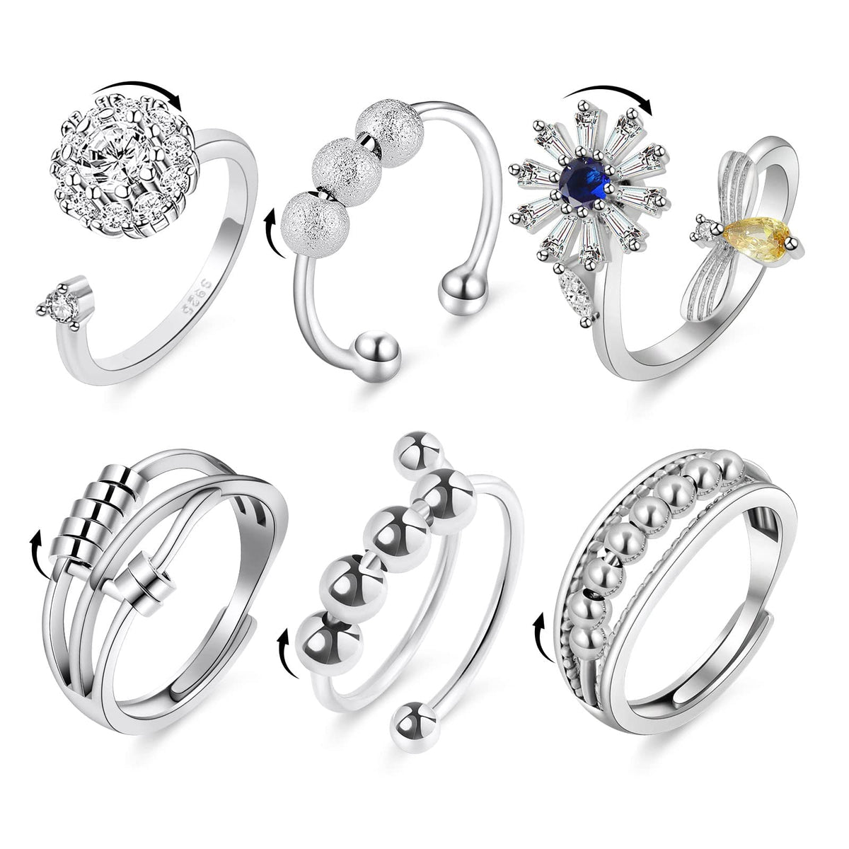 Aucuu 6-piece anxiety ring set with cubic zirconia, durable and hypoallergenic.