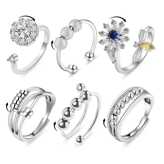 Aucuu 6-piece anxiety ring set with cubic zirconia, durable and hypoallergenic.