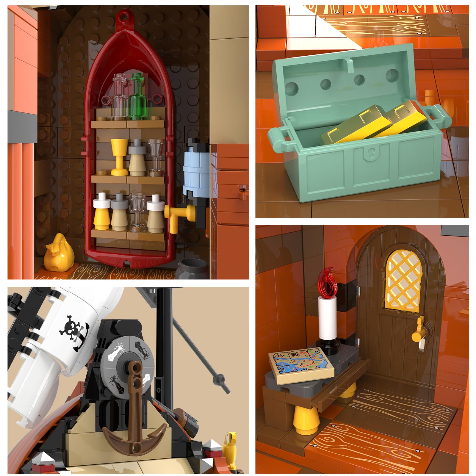 Audaxly pirate exterior shows palm trees, parrots, and hanging fish for color.