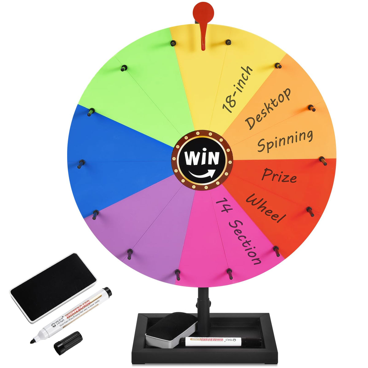 AugFir 18-inch tabletop prize wheel with stand and storage base for stable, clutter-free setup.