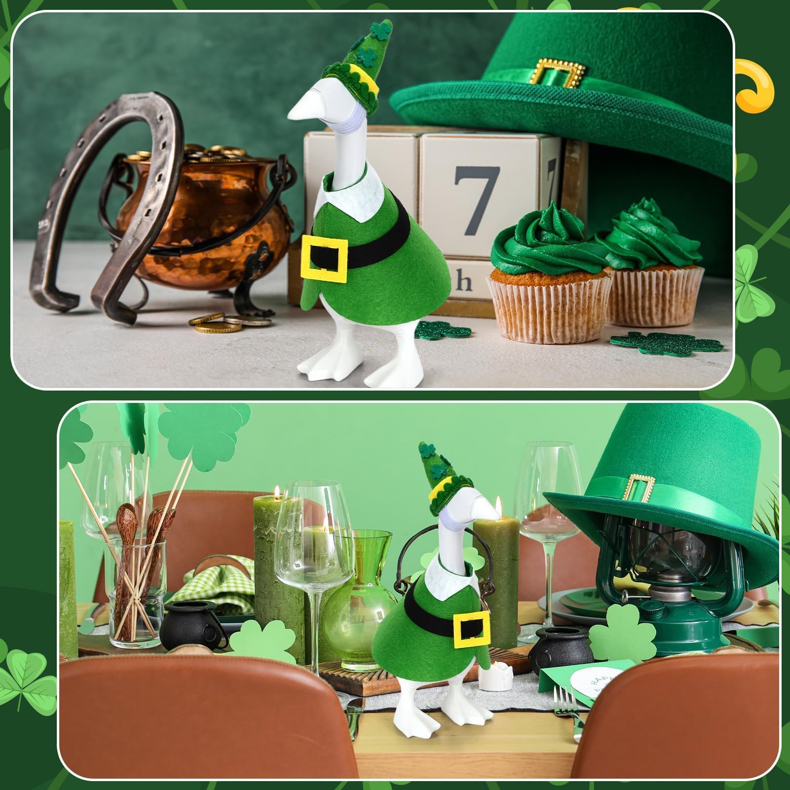 AUGSUN office desk goose costume with shamrock accents for festive workspace styling.
