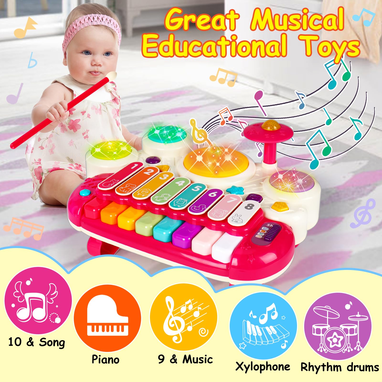 AugToy 3-in-1 musical toy drum set develops eye-hand coordination.