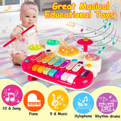 AugToy 3-in-1 musical toy drum set develops eye-hand coordination.