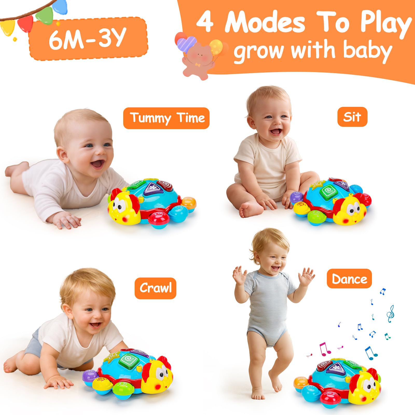 AugToy infant toy with moving wheels encourages crawling curiosity and gross motor skills