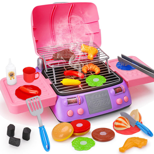 AugToy kids BBQ grill playset in pink with lights for immersive outdoor pretend cooking