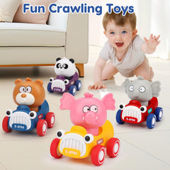 AugToy press-go car action image shows chasing play and social toy sharing.