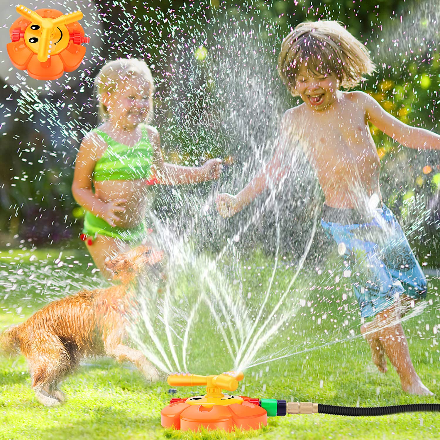 AugToy water sprinkler with rotating nozzles for safe backyard fun and cooling play.