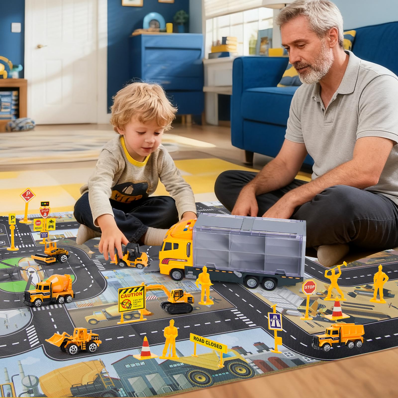 Aukdin construction transport truck with sounds and lights for interactive pretend play.