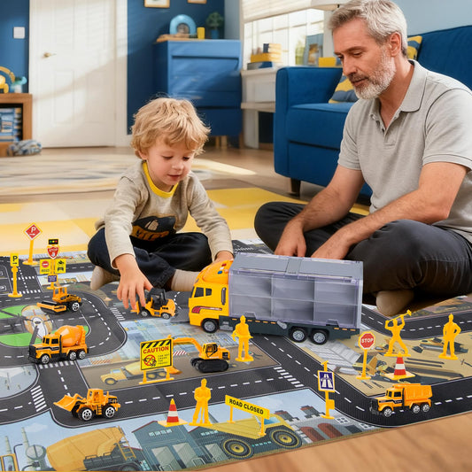 Aukdin construction transport truck with sounds and lights for interactive pretend play.