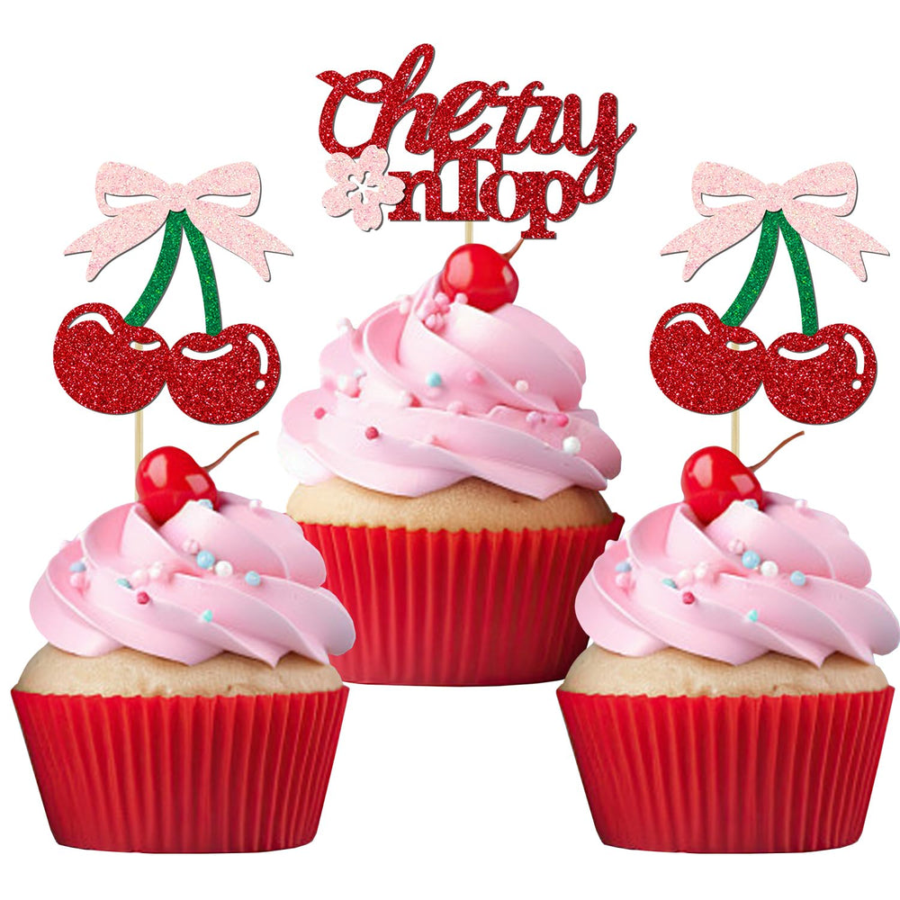 Aukolass cherry cake toppers set adds festive glitter to cupcakes.