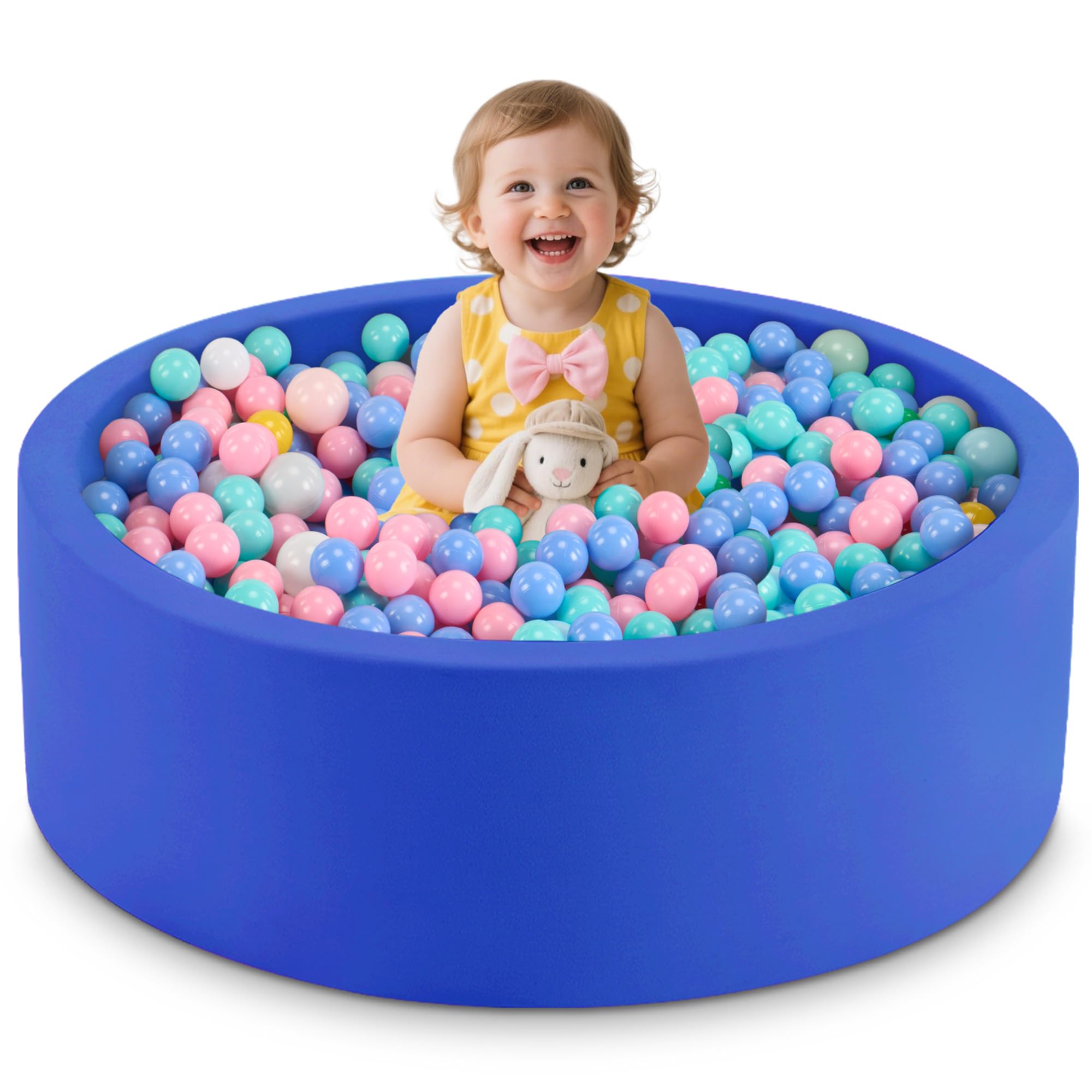 Aunekiv ball pit blue round setup with soft foam for safe toddler play.