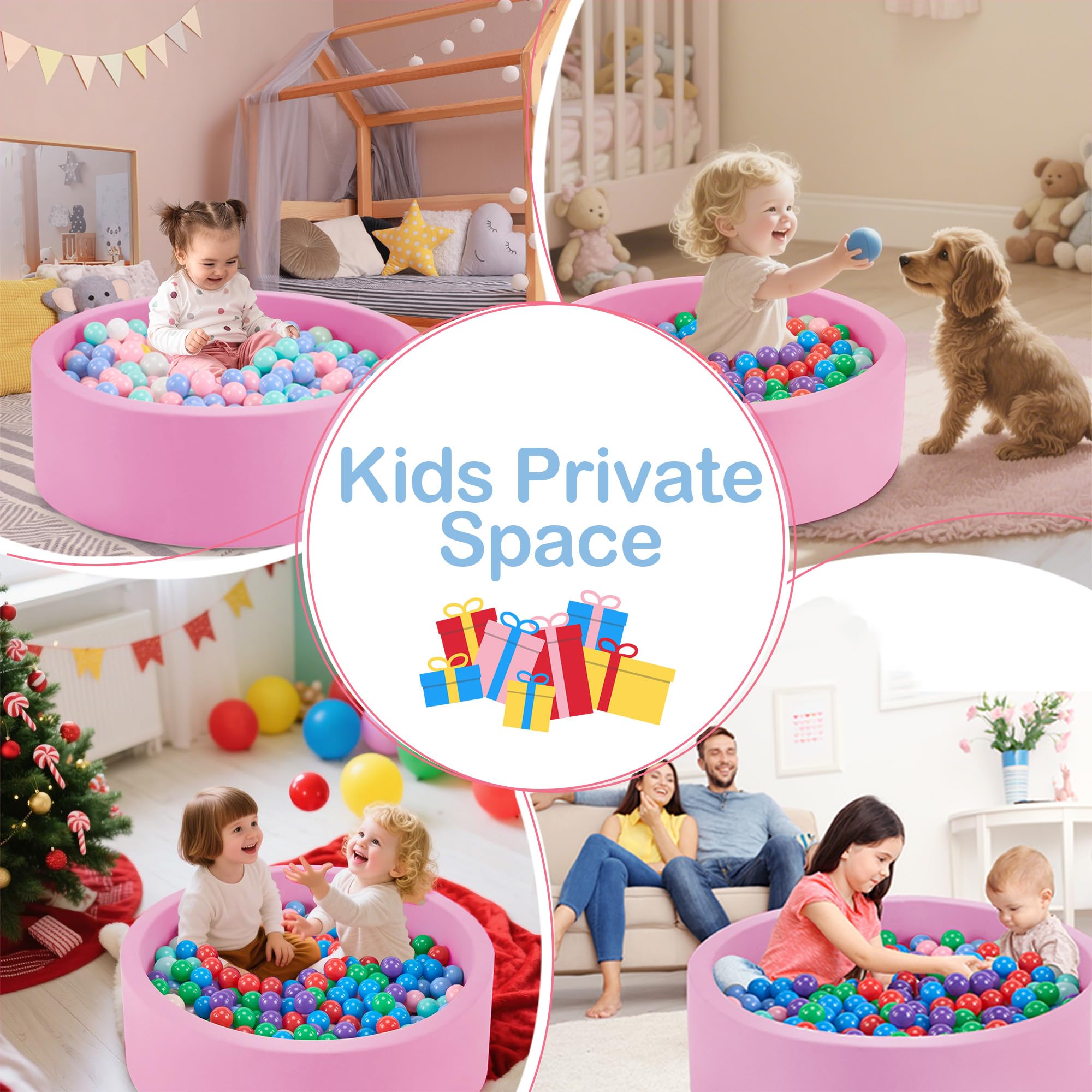 Aunekiv pink round pit creates a cozy play space for toddlers.