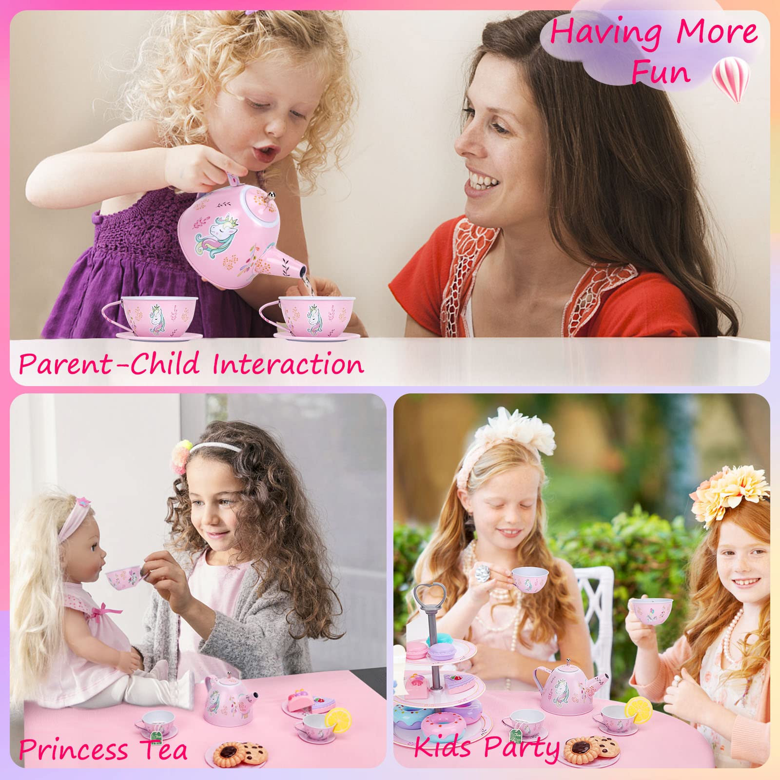 Auney Unicorn Tea Set cookies, donuts, and cakes spark storytelling play.