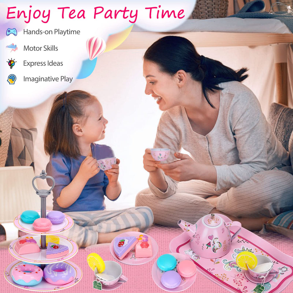 Auney Tea Set includes tea bags and lemon slices for pretend refreshments.