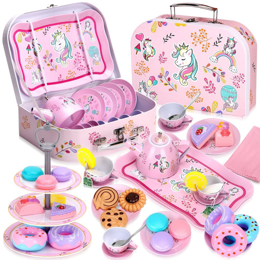 Auney Unicorn Tea Set teapot with detachable lid for realistic pretend pouring.