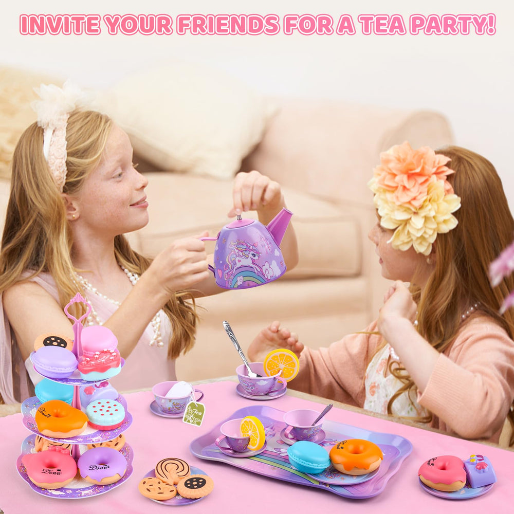 Auney Unicorn Tea Set cupcake stand as a colorful party centerpiece