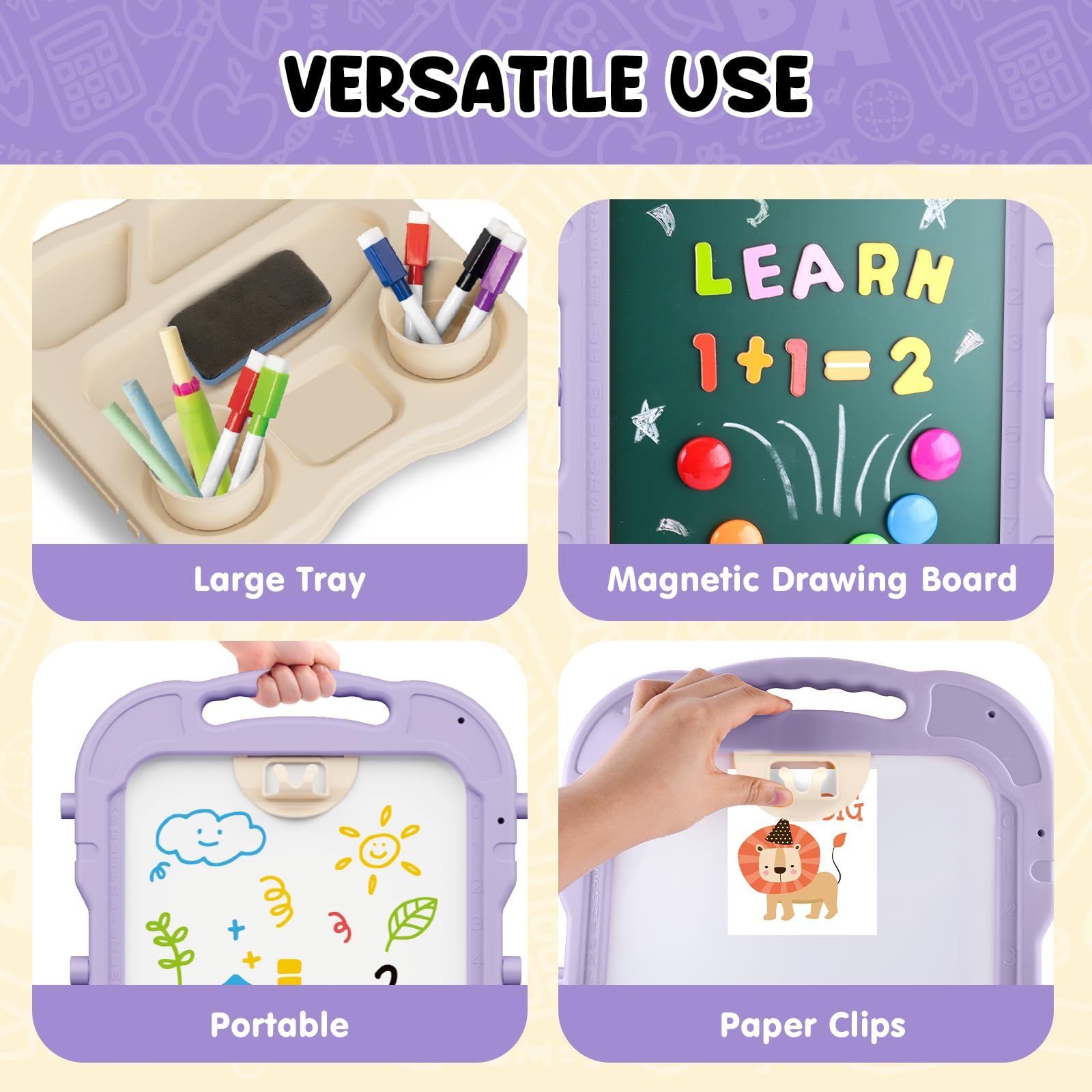 AuntyFey Easel includes chalk and markers for mess-free art sessions.