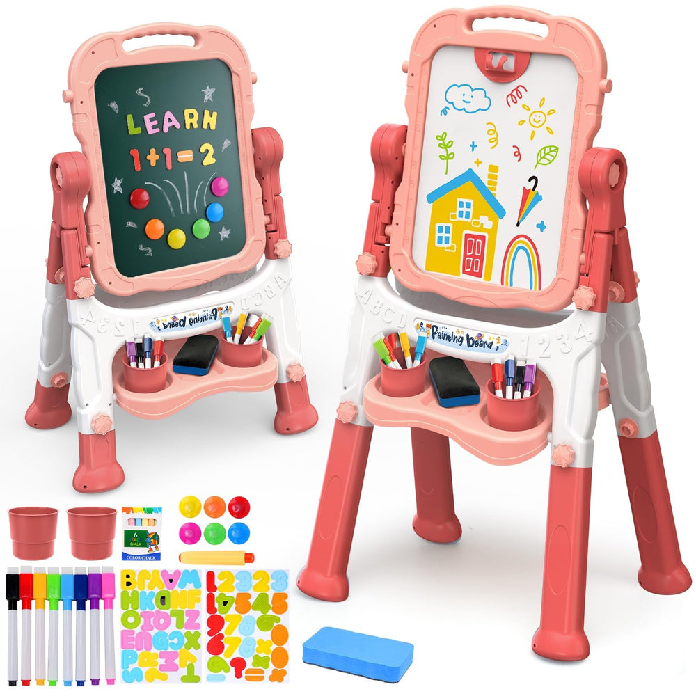 AuntyFey easel with double-sided chalk board and magnets for creative learning.