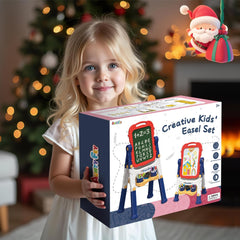 AuntyFey easel arriving with magnetic letters, numbers, chalk, and markers.