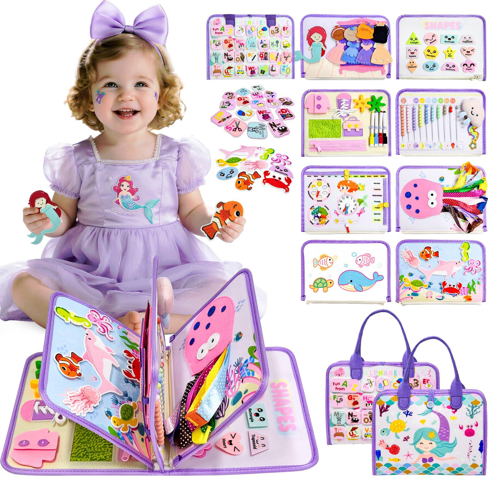 Aurasys Mermaid Busy Board alphabet page for early literacy and fine motor skills
