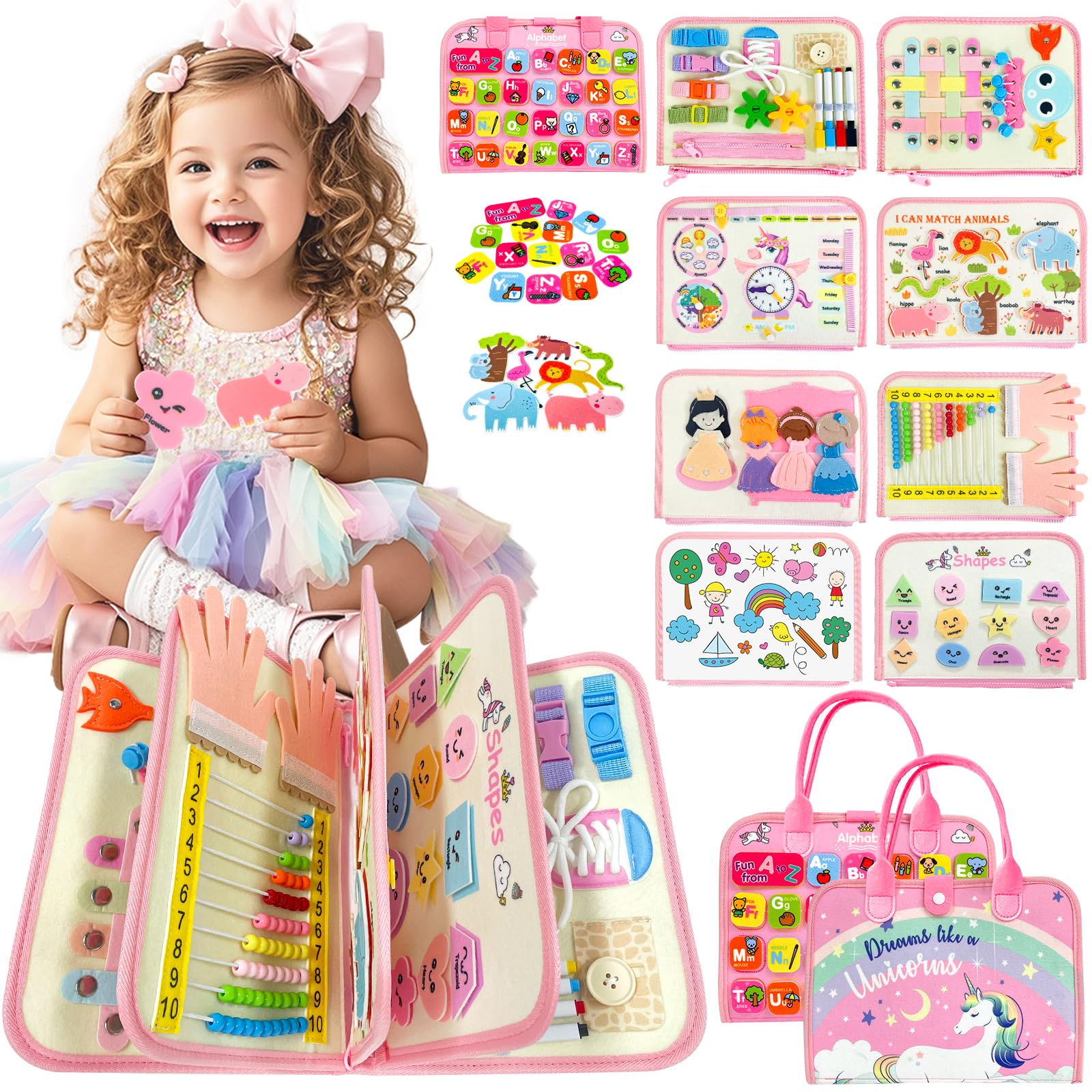Aurasys Toddler Busy Board shows 9-in-1 learning activities to build early skills.