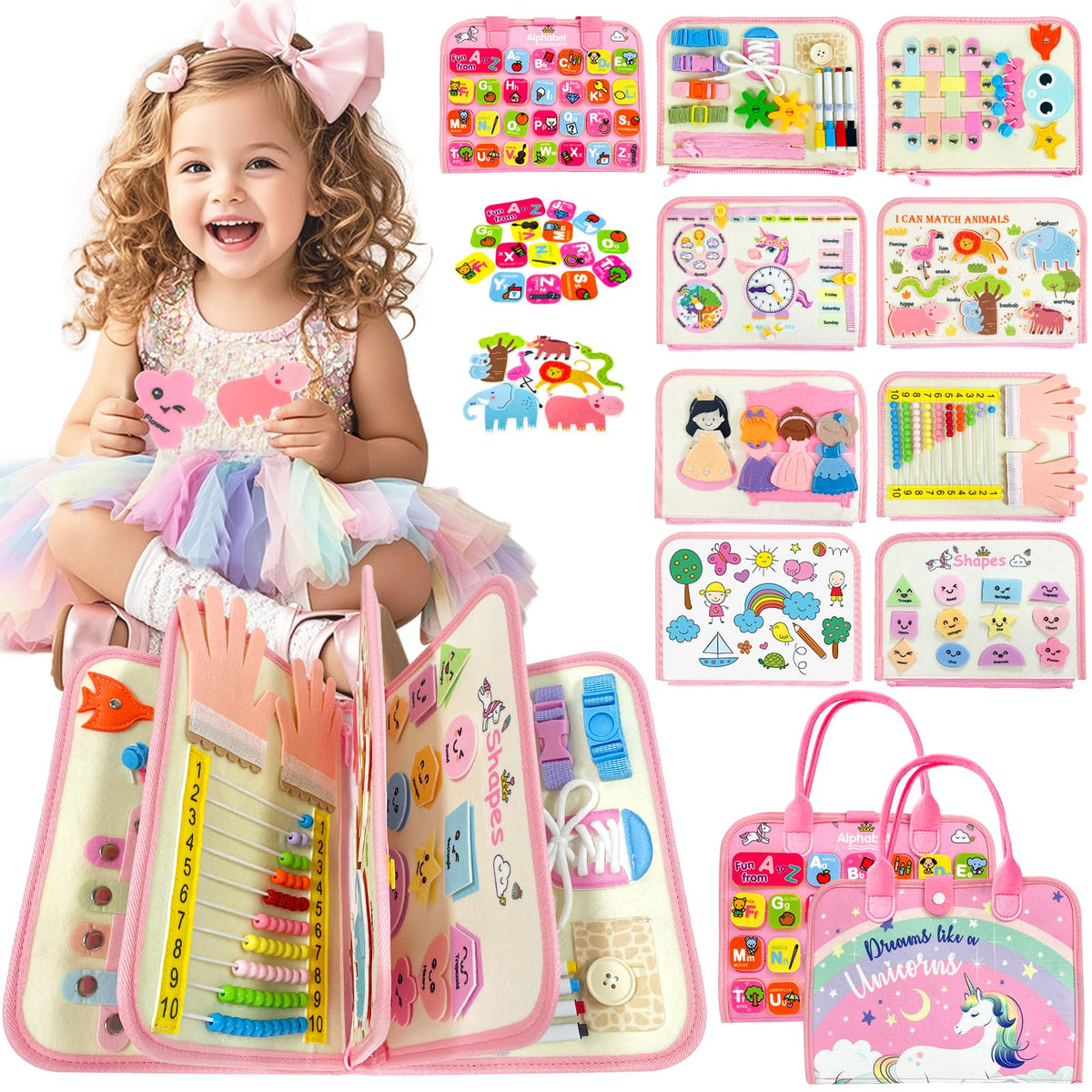 Aurasys Toddler Busy Board shows 9-in-1 learning activities to build early skills.