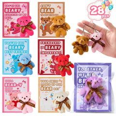 Aurdox 28-pack mini plush bears shown as classroom gifts and friend trading.
