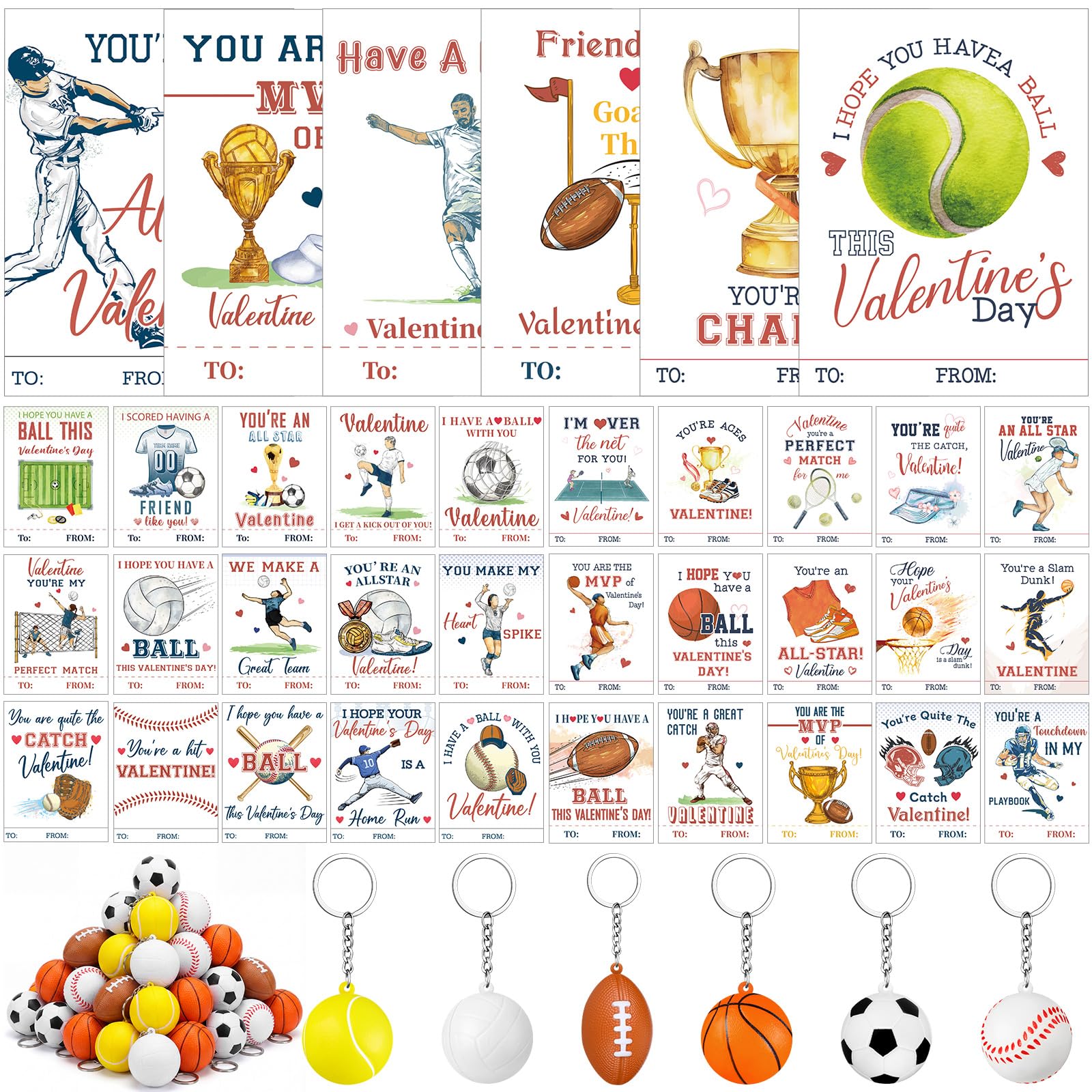 Aurelema valentines sports cards and foam balls set for classroom exchanges