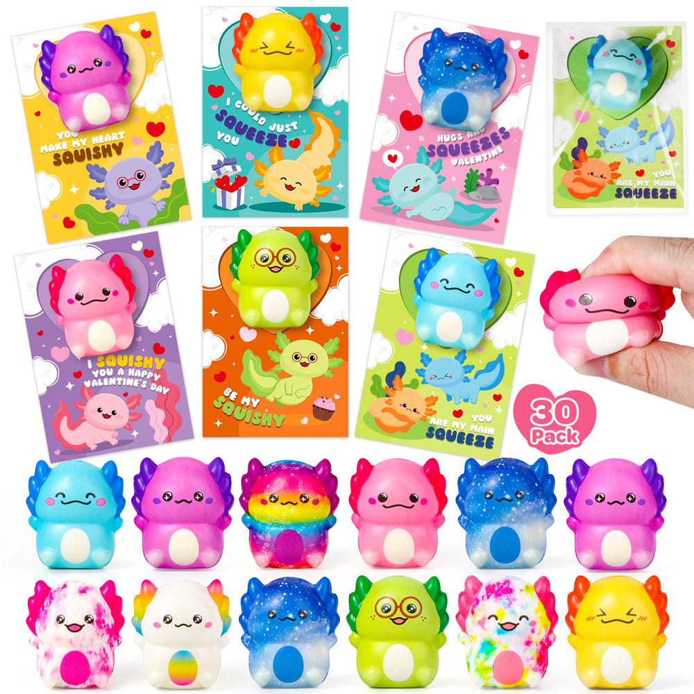 AuroTops axolotl slow-rise toy with valentines cards for classroom rewards.
