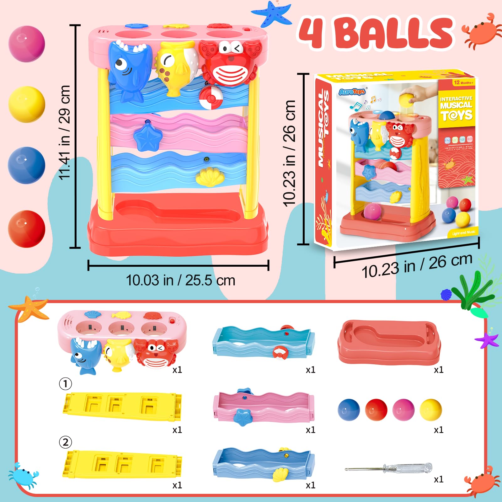 AuroTops Pound A Ball yellow dolphin design boosts hand-eye coordination through rolling balls
