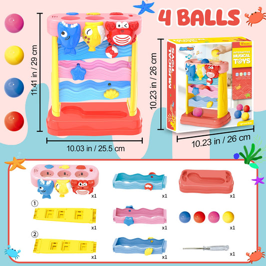AuroTops Pound A Ball yellow dolphin design boosts hand-eye coordination through rolling balls