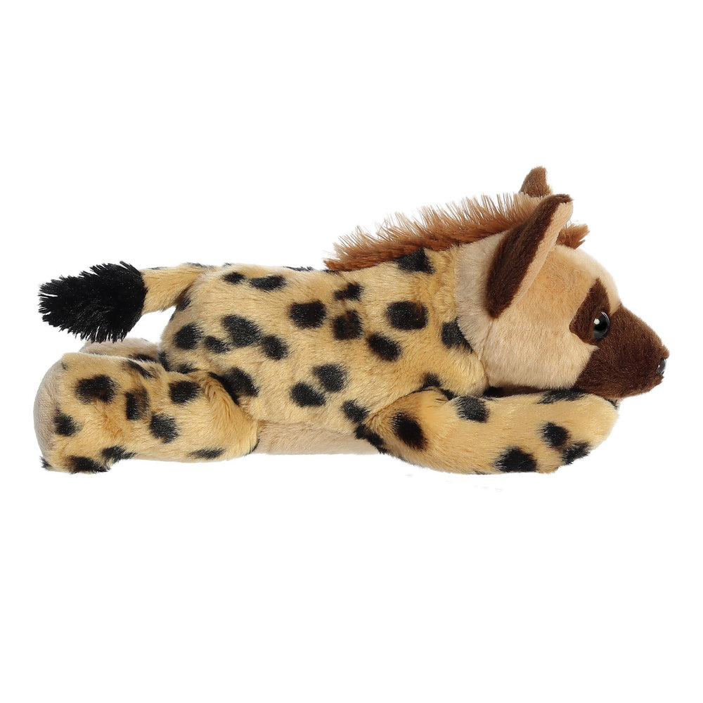 Aurora Hunter Hyena belly-down pose, easy play and gentle cuddling during stories.